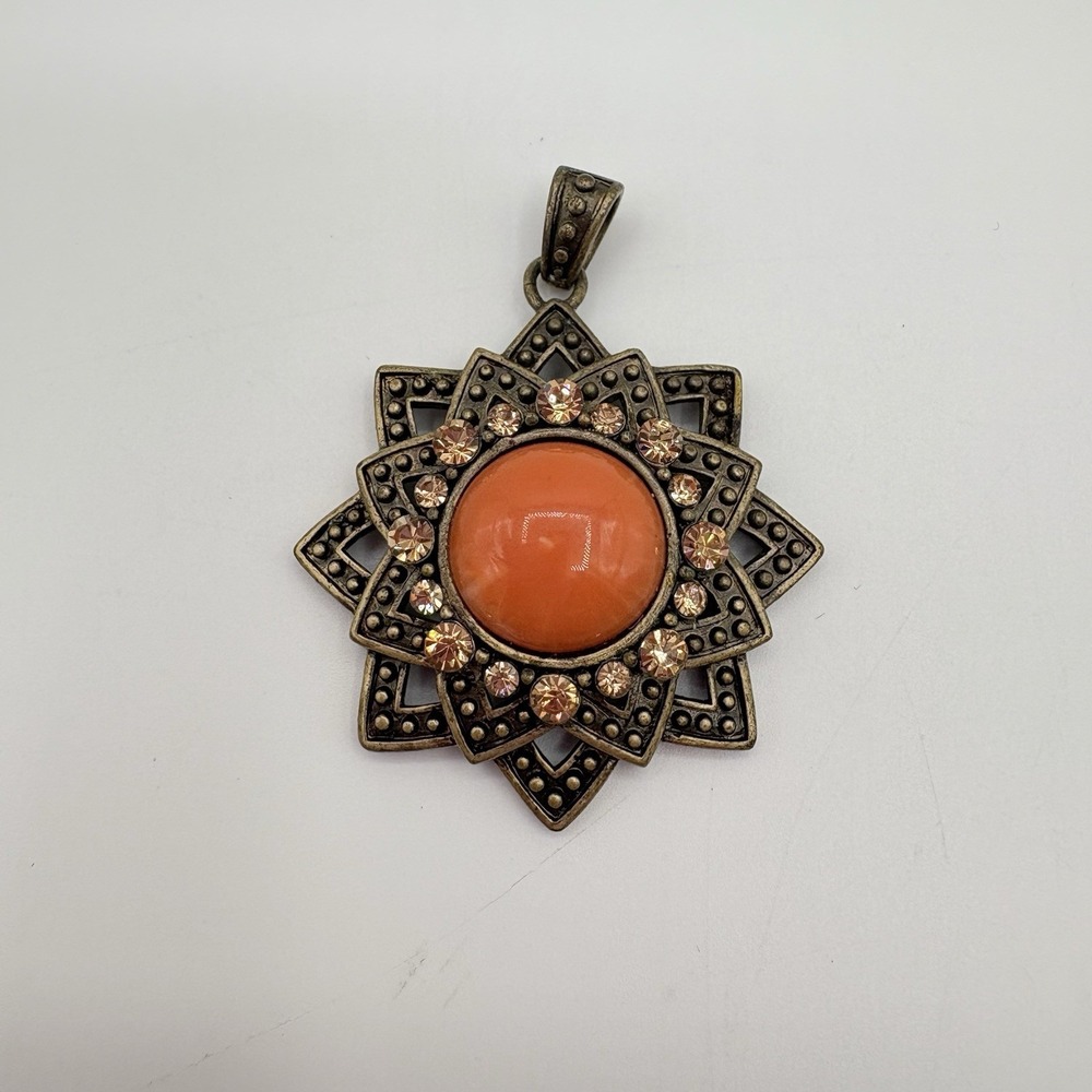 Boho Vintage Style Pendant Orange Cabochon Starburst Bronze Tone W‎ Rhinestones